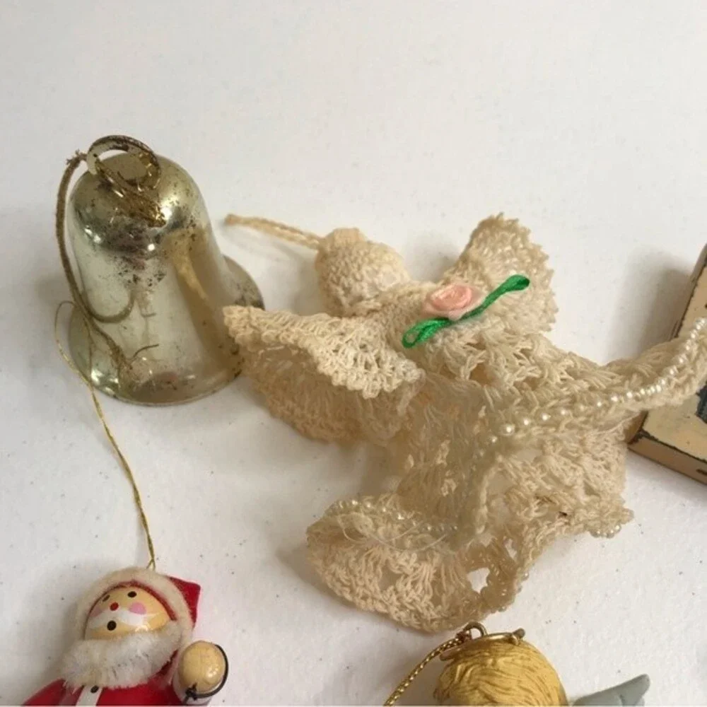 Vintage Assorted Christmas Ornaments Brass Bell Handmade Needlepoint Crochet Lot